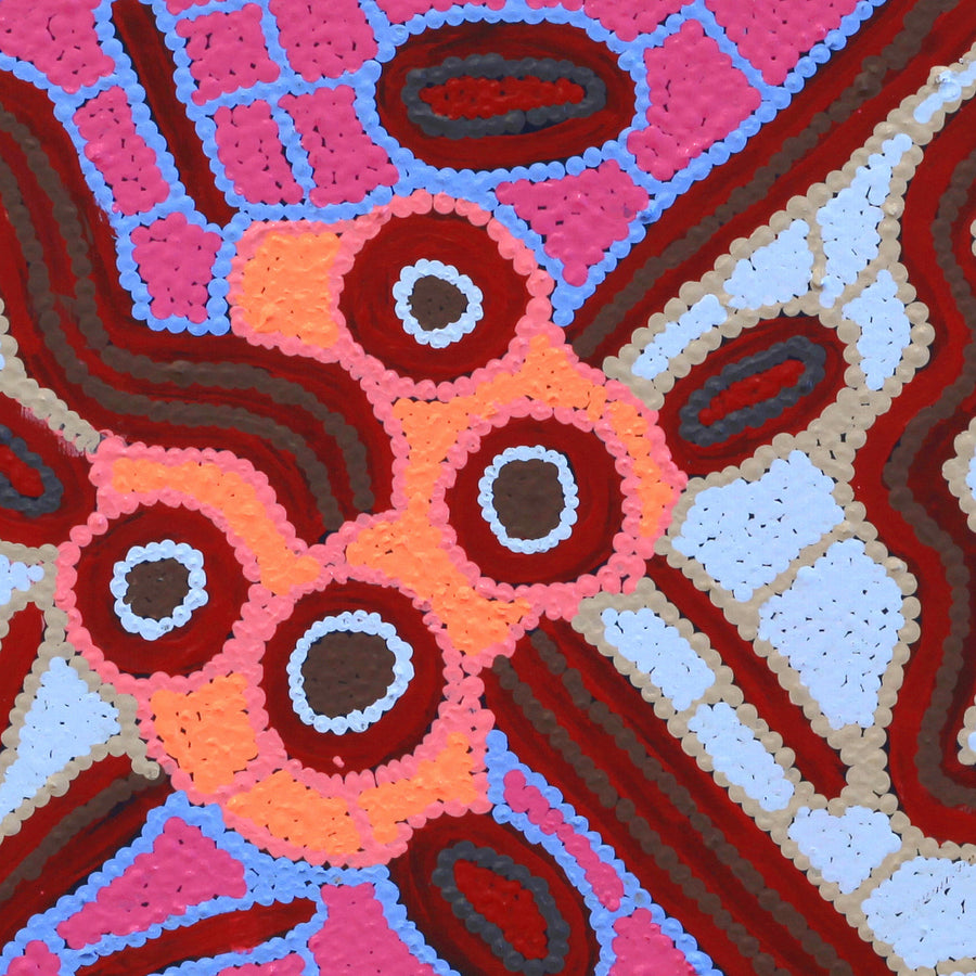 Aboriginal Artwork by Freda Napaljarri Jurrah, Witi Jukurrpa (Ceremonial Pole Dreaming) - Jirla, 30x30cm