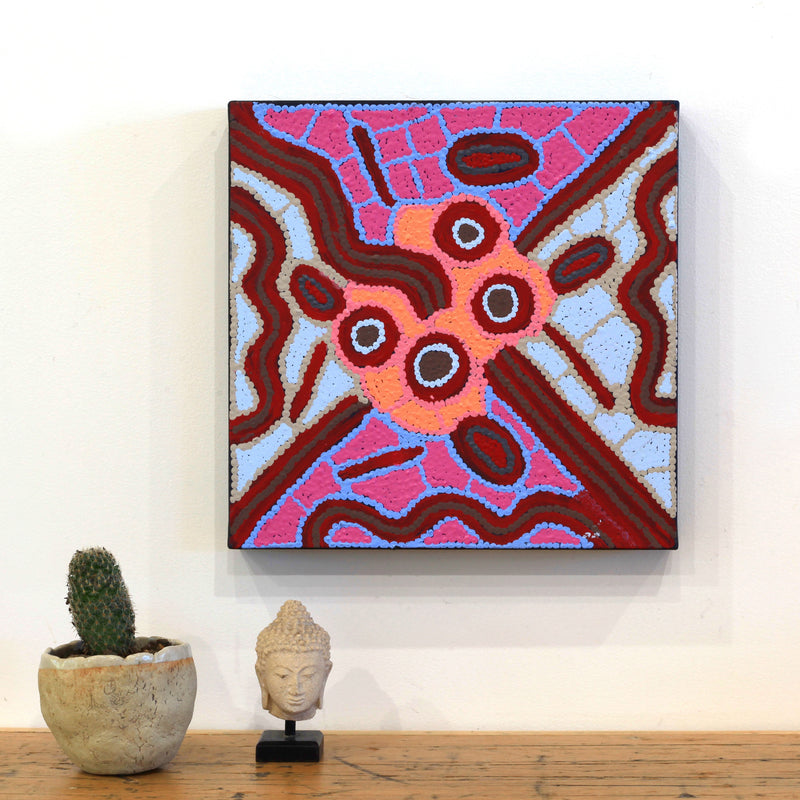 Aboriginal Artwork by Freda Napaljarri Jurrah, Witi Jukurrpa (Ceremonial Pole Dreaming) - Jirla, 30x30cm
