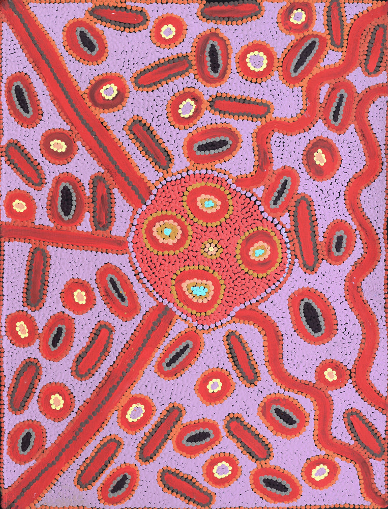 Aboriginal Artwork by Freda Napaljarri Jurrah, Witi Jukurrpa (Ceremonial Pole Dreaming) - Jirla, 61x46cm