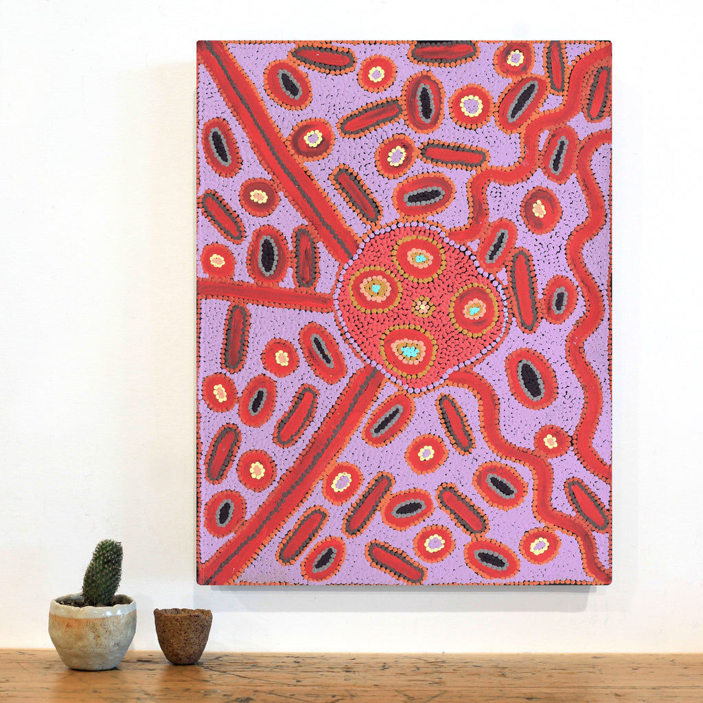 Aboriginal Artwork by Freda Napaljarri Jurrah, Witi Jukurrpa (Ceremonial Pole Dreaming) - Jirla, 61x46cm - ART ARK®