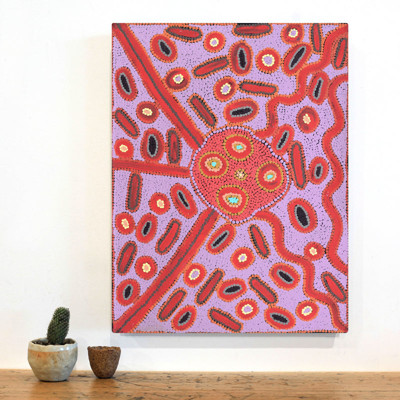 Aboriginal Artwork by Freda Napaljarri Jurrah, Witi Jukurrpa (Ceremonial Pole Dreaming) - Jirla, 61x46cm