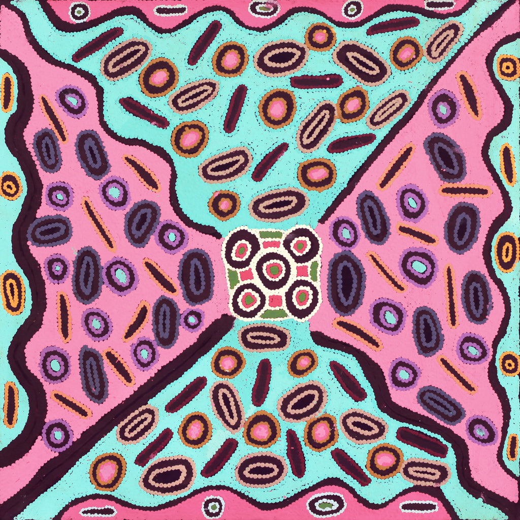 Aboriginal Art by Freda Napaljarri Jurrah, Witi Jukurrpa (Ceremonial Pole Dreaming) - Jirla, 61x61cm - ART ARK®