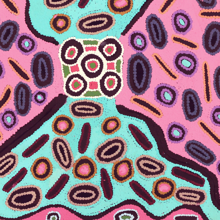 Aboriginal Artwork by Freda Napaljarri Jurrah, Witi Jukurrpa (Ceremonial Pole Dreaming) - Jirla, 61x61cm