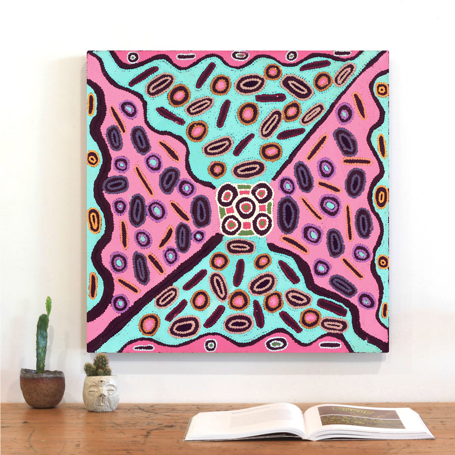 Aboriginal Artwork by Freda Napaljarri Jurrah, Witi Jukurrpa (Ceremonial Pole Dreaming) - Jirla, 61x61cm