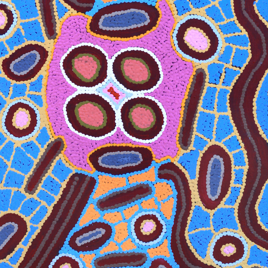 Aboriginal Artwork by Freda Napaljarri Jurrah, Witi Jukurrpa (Ceremonial Pole Dreaming) - Jirla, 91x46cm