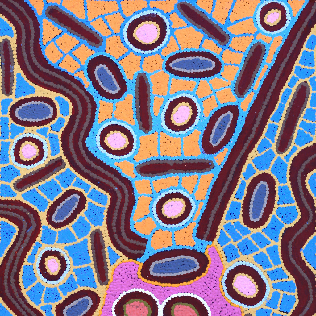 Aboriginal Art by Freda Napaljarri Jurrah, Witi Jukurrpa (Ceremonial Pole Dreaming) - Jirla, 91x46cm - ART ARK®