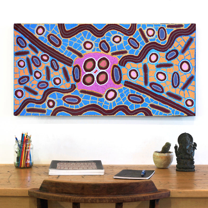 Aboriginal Artwork by Freda Napaljarri Jurrah, Witi Jukurrpa (Ceremonial Pole Dreaming) - Jirla, 91x46cm