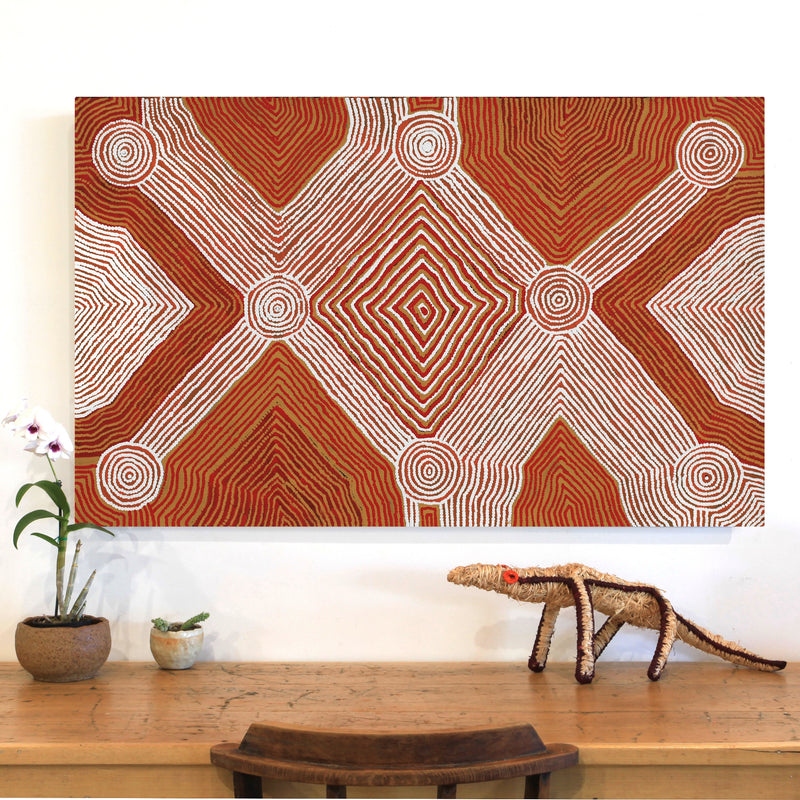 Aboriginal Artwork by Geraldine Nangala Gallagher, Yankirri Jukurrpa (Emu Dreaming) - Ngarlikurlangu, 122x76cm