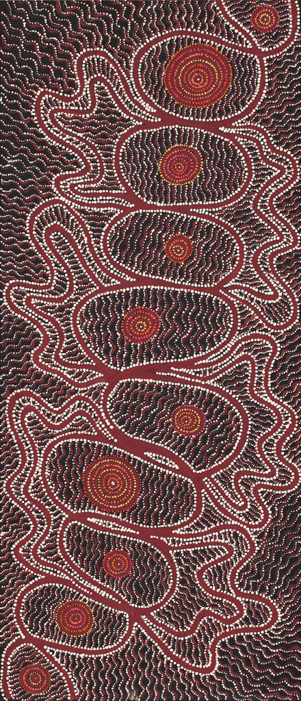 Aboriginal Artwork by Geraldine Napangardi Granites, Ngalyipi Jukurrpa (Snake Vine Dreaming) - Purturlu, 107x46cm
