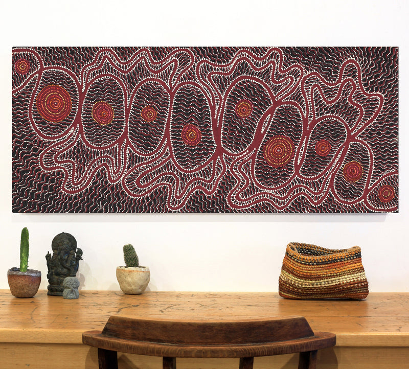 Aboriginal Artwork by Geraldine Napangardi Granites, Ngalyipi Jukurrpa (Snake Vine Dreaming) - Purturlu, 107x46cm