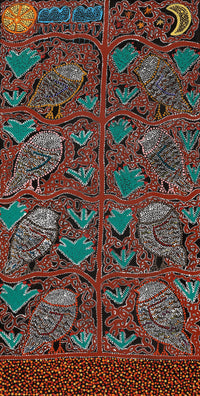 Aboriginal Artwork by Geraldine Napangardi Granites, Jurlpu kuja kalu nyinami Yurntumu-wana (Birds that live around Yuendumu), 91x46cm