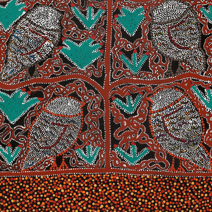 Aboriginal Artwork by Geraldine Napangardi Granites, Jurlpu kuja kalu nyinami Yurntumu-wana (Birds that live around Yuendumu), 91x46cm