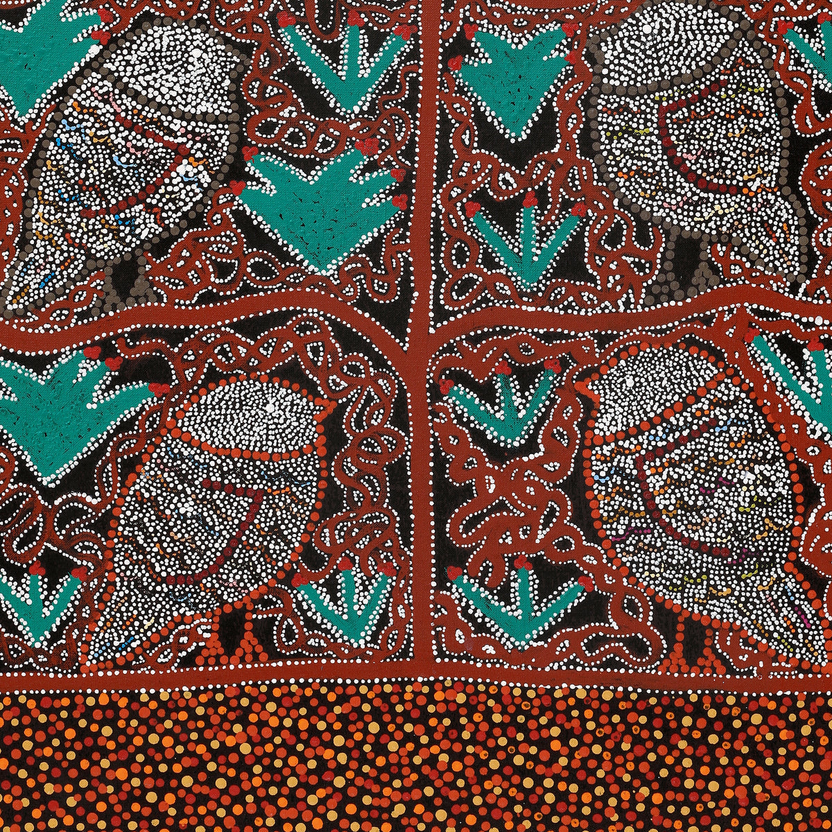 Aboriginal Art by Geraldine Napangardi Granites, Jurlpu kuja kalu nyinami Yurntumu-wana (Birds that live around Yuendumu), 91x46cm - ART ARK®