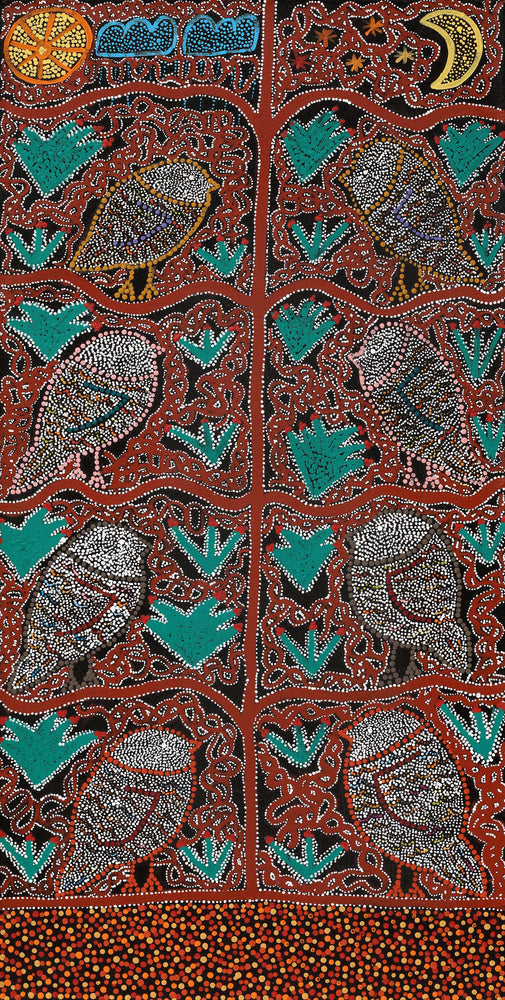 Aboriginal Artwork by Geraldine Napangardi Granites, Jurlpu kuja kalu nyinami Yurntumu-wana (Birds that live around Yuendumu), 91x46cm