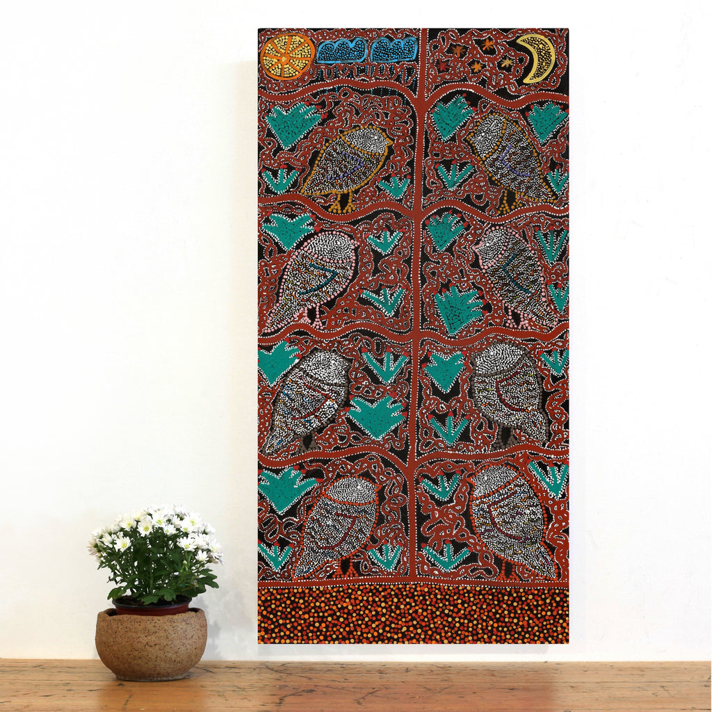 Aboriginal Art by Geraldine Napangardi Granites, Jurlpu kuja kalu nyinami Yurntumu-wana (Birds that live around Yuendumu), 91x46cm - ART ARK®