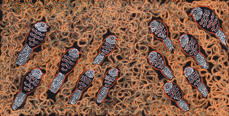 Aboriginal Artwork by Geraldine Napangardi Granites, Ngalyipi Jukurrpa (Snake Vine Dreaming) - Purturlu, 91x46cm
