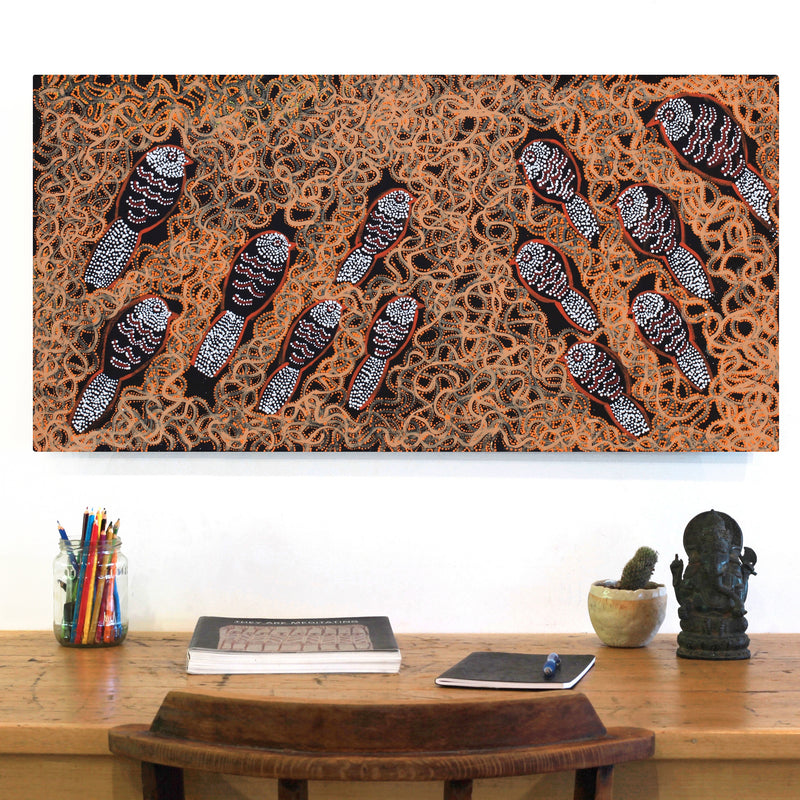 Aboriginal Artwork by Geraldine Napangardi Granites, Ngalyipi Jukurrpa (Snake Vine Dreaming) - Purturlu, 91x46cm