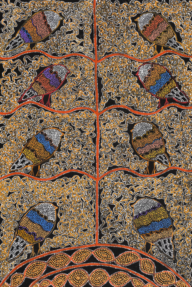 Aboriginal Artwork by Geraldine Napangardi Granites, Jurlpu kuja kalu nyinami Yurntumu-wana (Birds that live around Yuendumu), 91x61cm