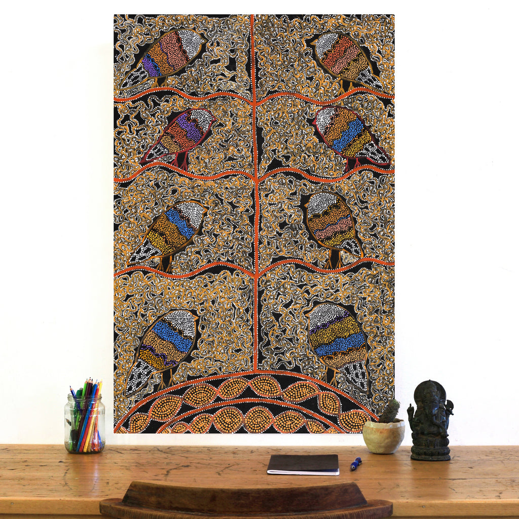 Aboriginal Artwork by Geraldine Napangardi Granites, Jurlpu kuja kalu nyinami Yurntumu-wana (Birds that live around Yuendumu), 91x61cm