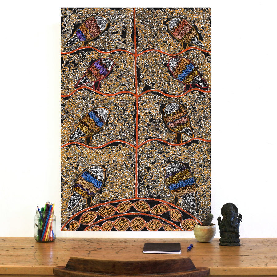 Aboriginal Artwork by Geraldine Napangardi Granites, Jurlpu kuja kalu nyinami Yurntumu-wana (Birds that live around Yuendumu), 91x61cm