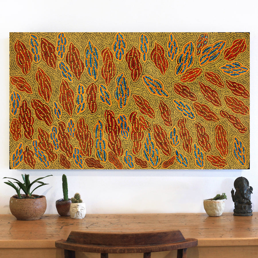 Aboriginal Artwork by Geraldine Napurrurla Langdon, Ngurlu Jukurrpa (Native Seed Dreaming), 107x61cm