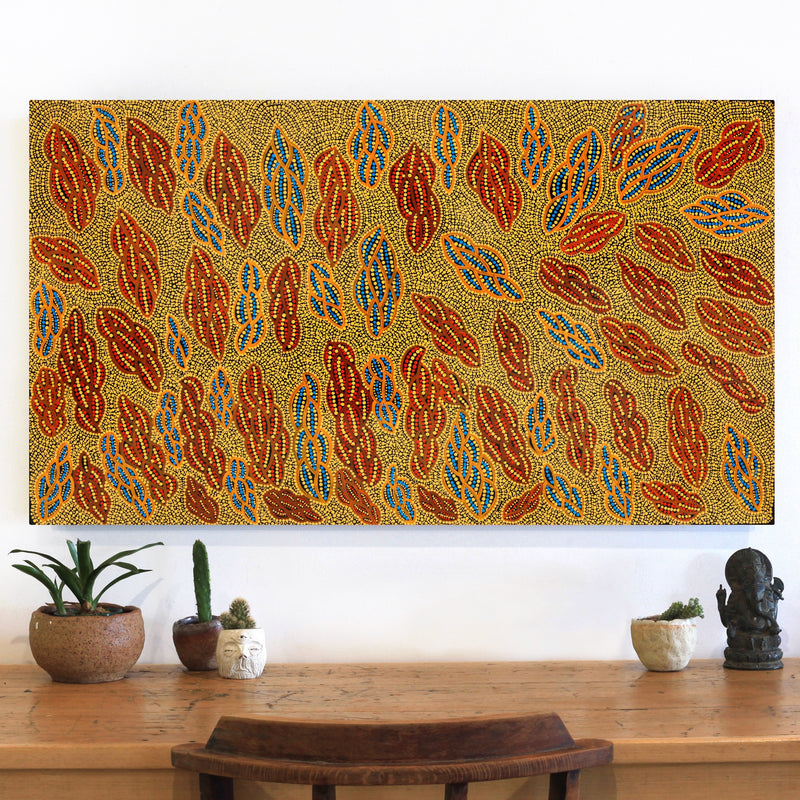 Aboriginal Artwork by Geraldine Napurrurla Langdon, Ngurlu Jukurrpa (Native Seed Dreaming), 107x61cm
