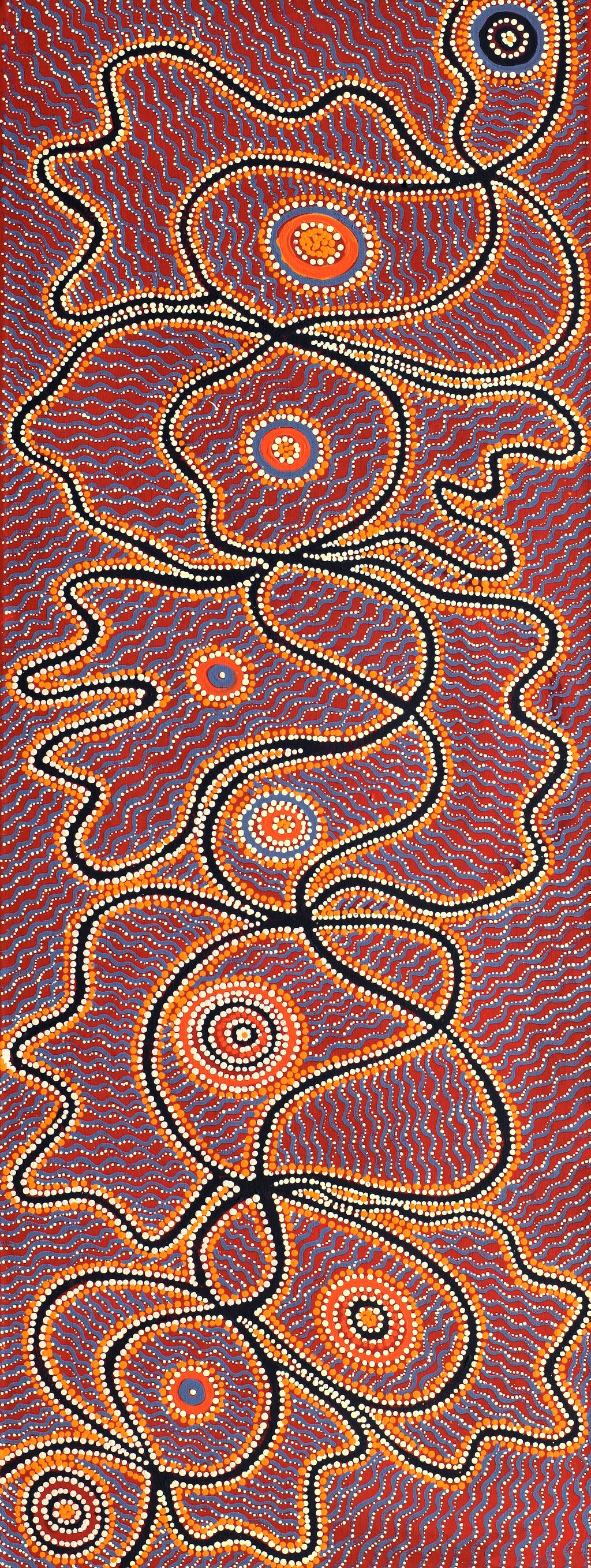 Aboriginal Artwork by Geraldine Napangardi Granites, Ngalyipi Jukurrpa (Snake Vine Dreaming) - Purturlu, 122x46cm