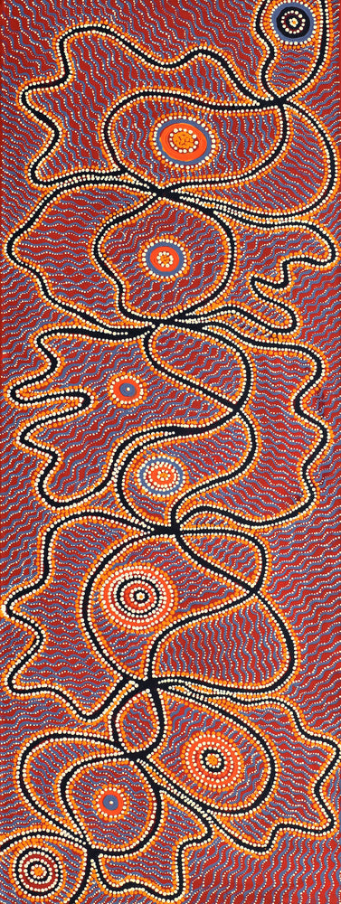 Aboriginal Artwork by Geraldine Napangardi Granites, Ngalyipi Jukurrpa (Snake Vine Dreaming) - Purturlu, 122x46cm