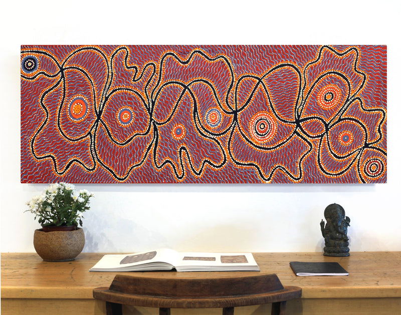 Aboriginal Artwork by Geraldine Napangardi Granites, Ngalyipi Jukurrpa (Snake Vine Dreaming) - Purturlu, 122x46cm