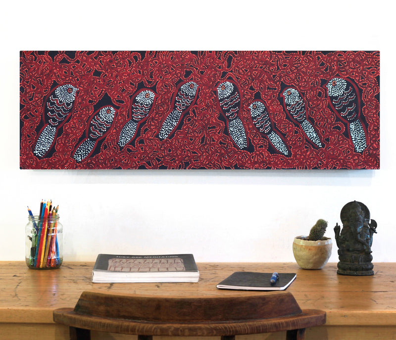 Aboriginal Artwork by Geraldine Napangardi Granites, Ngalyipi Jukurrpa (Snake Vine Dreaming) - Purturlu, 91x30cm