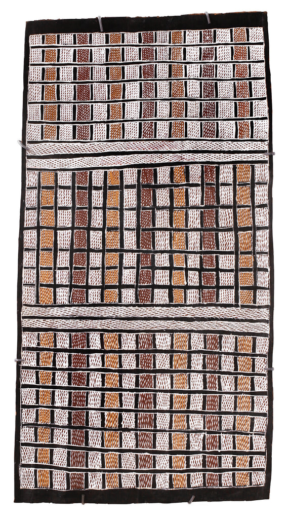 Aboriginal Artwork by Gitjaki Munuŋgurr, Djapu Design, 103x55cm Bark