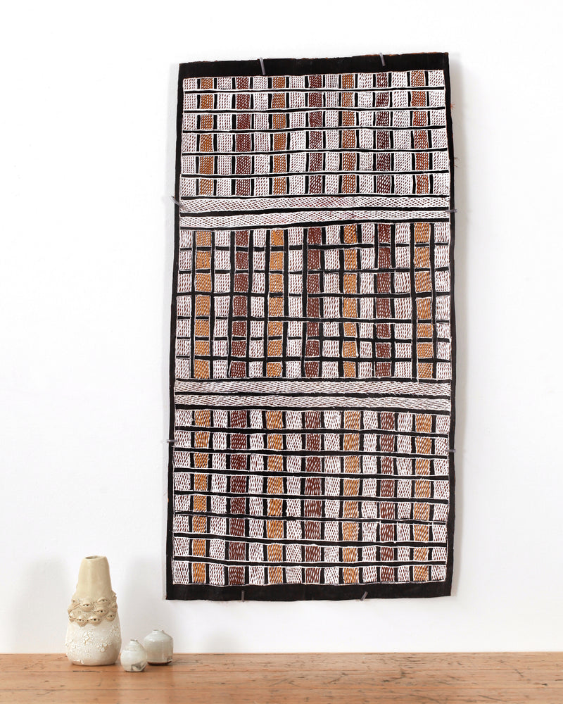 Aboriginal Artwork by Gitjaki Munuŋgurr, Djapu Design, 103x55cm Bark