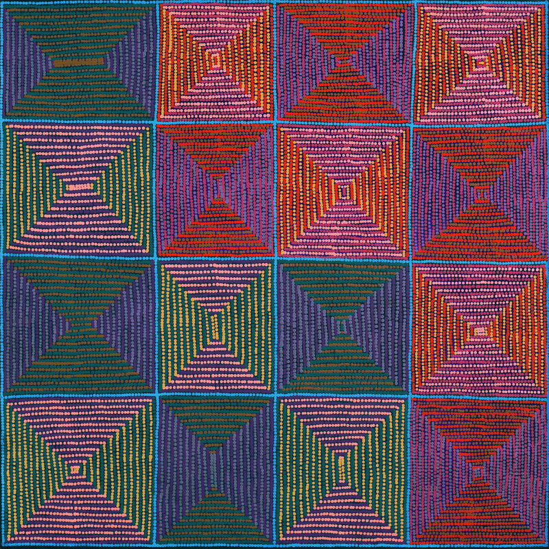 Aboriginal Artwork by Gloria Napangardi Gill, Lukarrara Jukurrpa (Desert Fringe-rush Seed Dreaming), 122x122cm