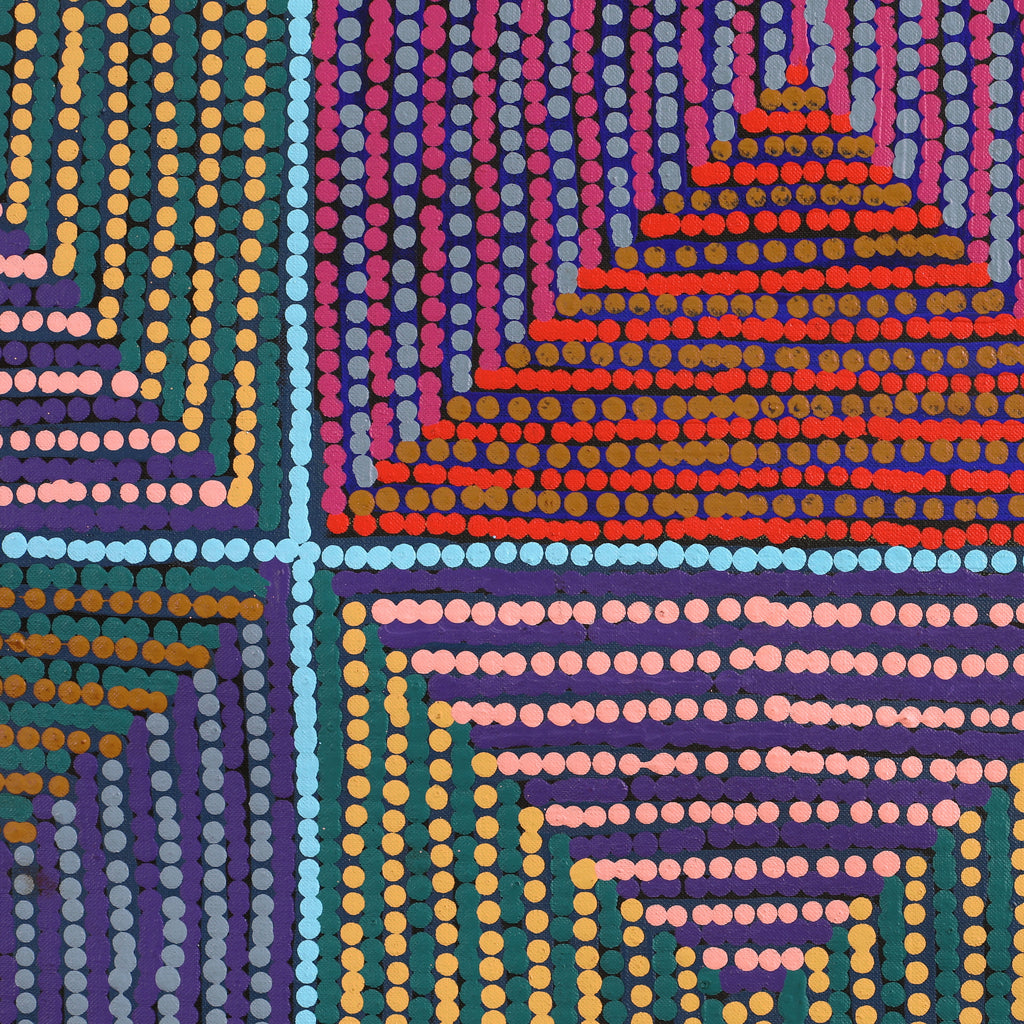 Aboriginal Artwork by Gloria Napangardi Gill, Lukarrara Jukurrpa (Desert Fringe-rush Seed Dreaming), 122x122cm