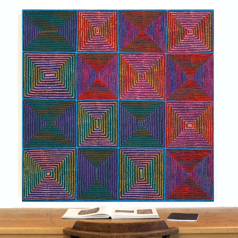 Aboriginal Artwork by Gloria Napangardi Gill, Lukarrara Jukurrpa (Desert Fringe-rush Seed Dreaming), 122x122cm