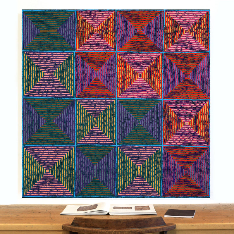 Aboriginal Artwork by Gloria Napangardi Gill, Lukarrara Jukurrpa (Desert Fringe-rush Seed Dreaming), 122x122cm