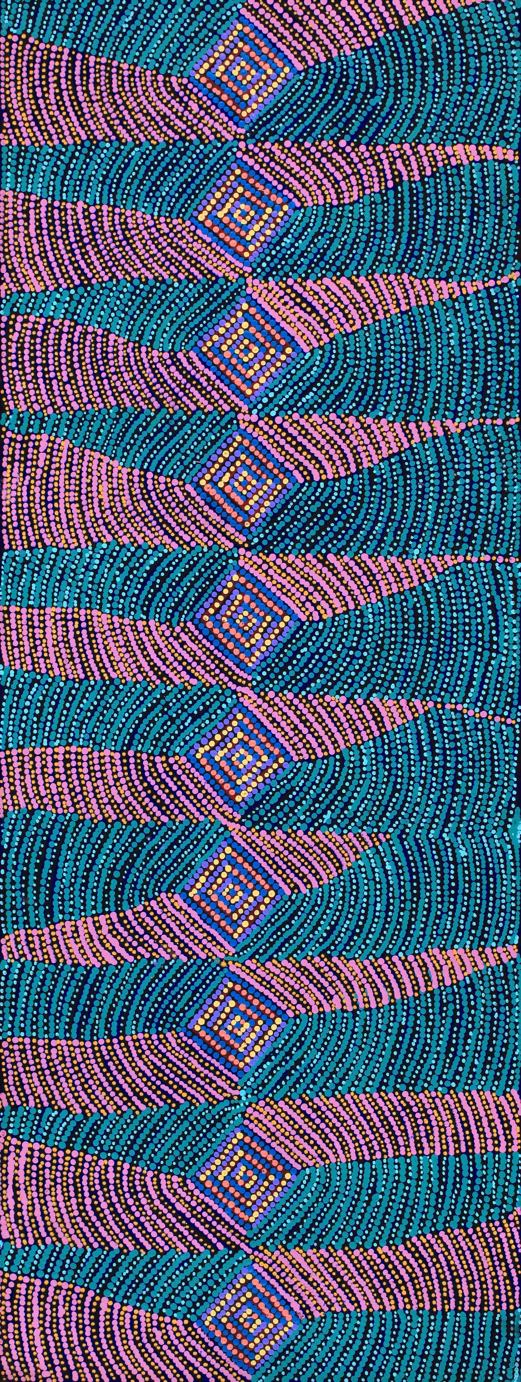 Aboriginal Artwork by Gloria Napangardi Gill, Lukarrara Jukurrpa, 122x46cm