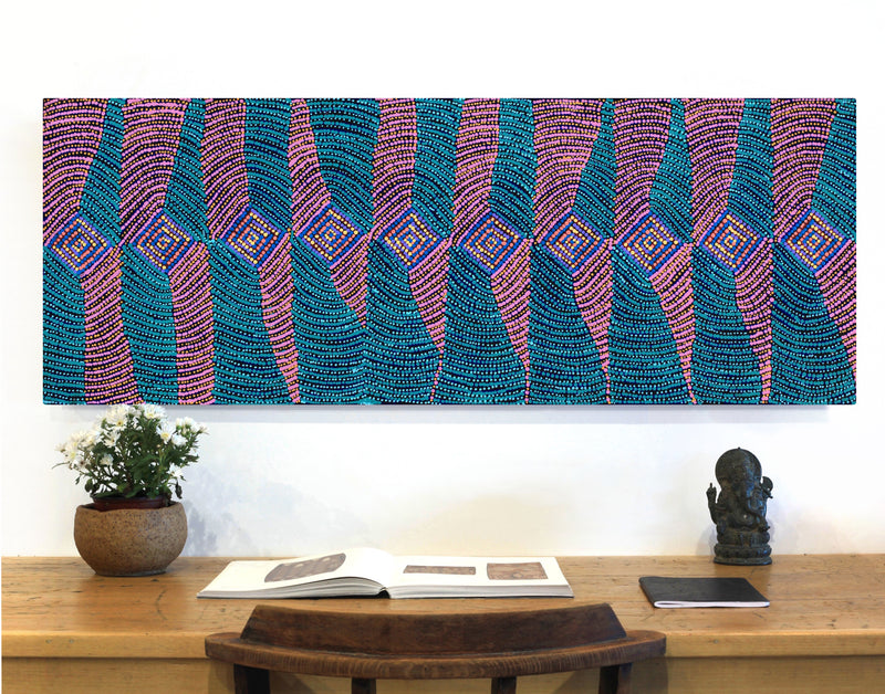 Aboriginal Artwork by Gloria Napangardi Gill, Lukarrara Jukurrpa, 122x46cm