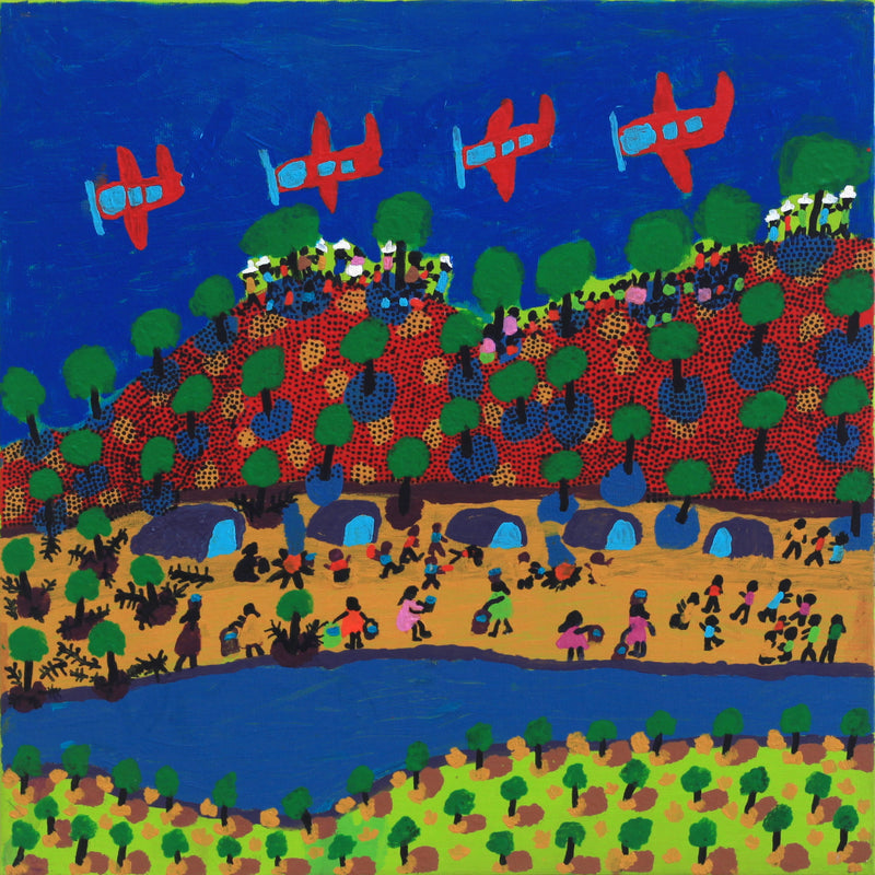 Aboriginal Artwork by Grace Robinya, Watching Aeroplanes, 40x40cm