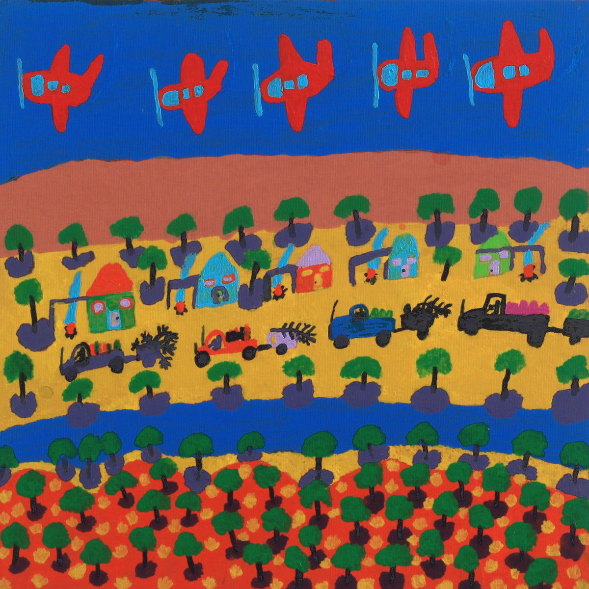 Aboriginal Art by Grace Robinya,  Five Aeroplanes, 40x40cm - ART ARK®