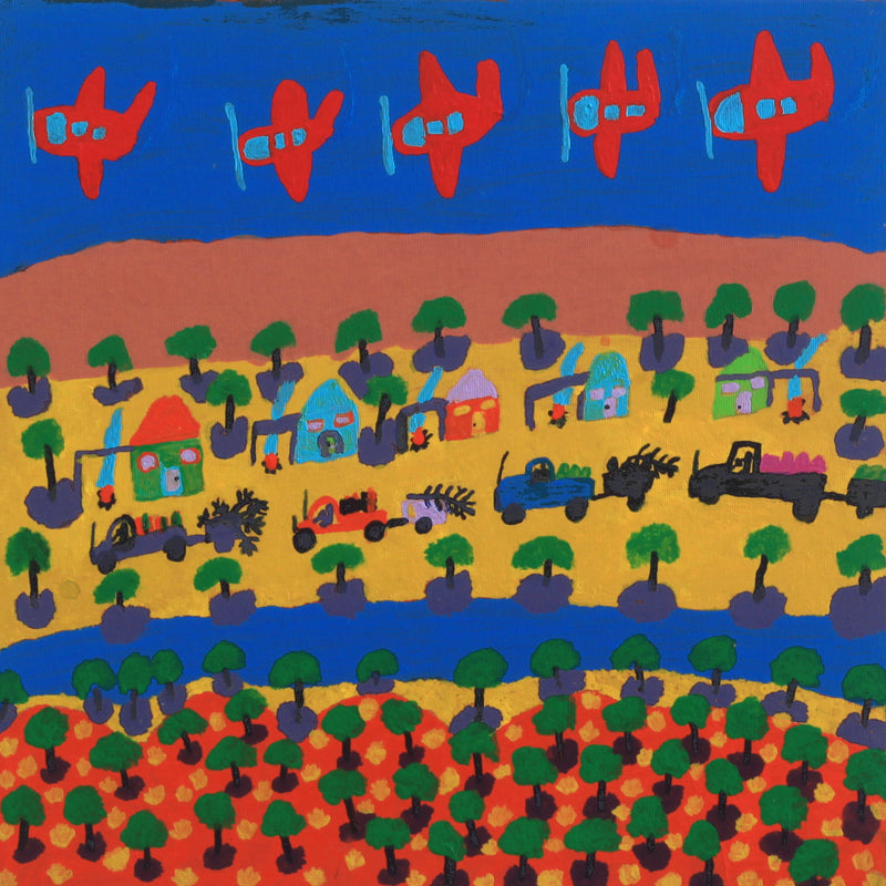 Aboriginal Artwork by Grace Robinya, Five Aeroplanes, 40x40cm