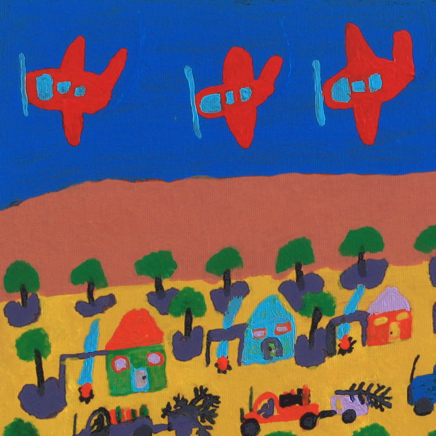 Aboriginal Artwork by Grace Robinya, Five Aeroplanes, 40x40cm
