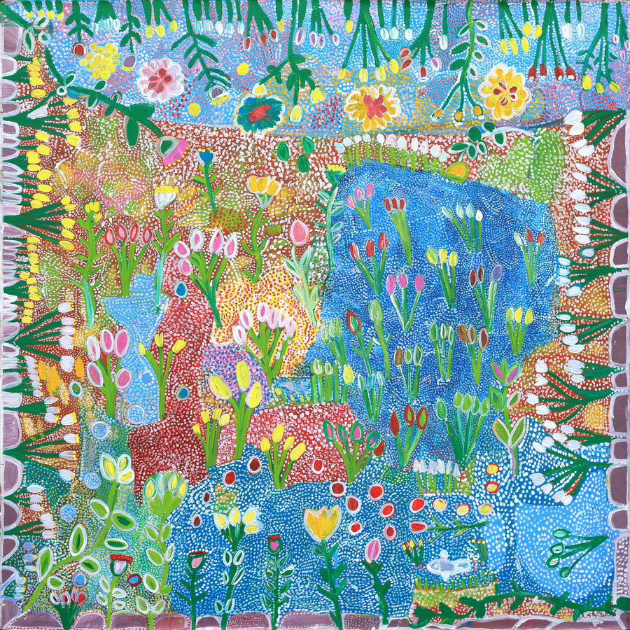 Aboriginal Artwork by Gwenneth Blitner, Billabong Flowers, 100x100cm