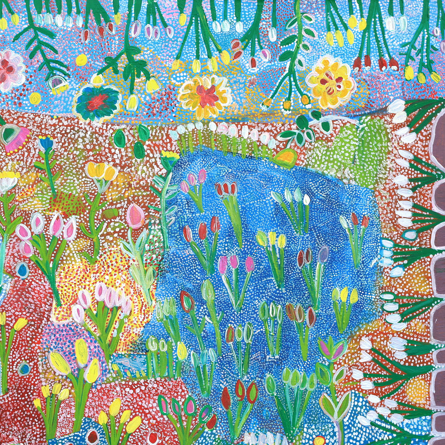 Aboriginal Artwork by Gwenneth Blitner, Billabong Flowers, 100x100cm