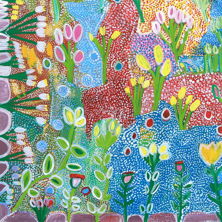 Aboriginal Artwork by Gwenneth Blitner, Billabong Flowers, 100x100cm
