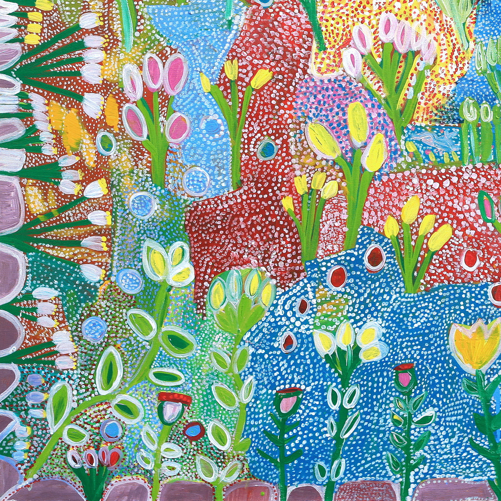 Aboriginal Artwork by Gwenneth Blitner, Billabong Flowers, 100x100cm - ART ARK®