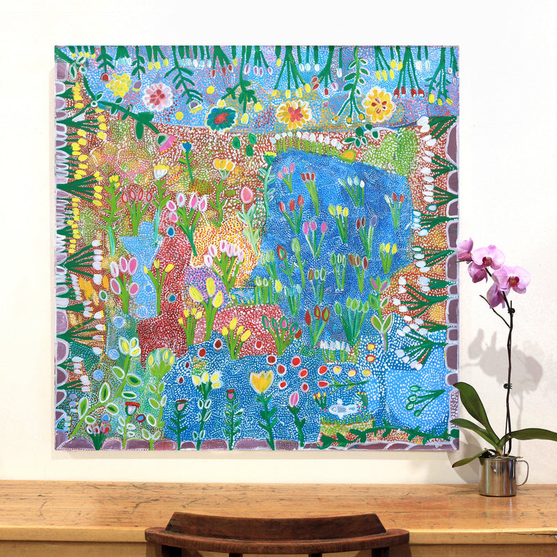 Aboriginal Artwork by Gwenneth Blitner, Billabong Flowers, 100x100cm