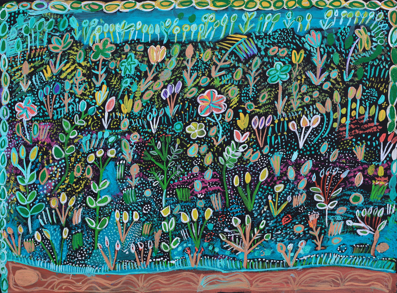 Aboriginal Artwork by Gwenneth Blitner, Billabong Flowers, 60x45cm