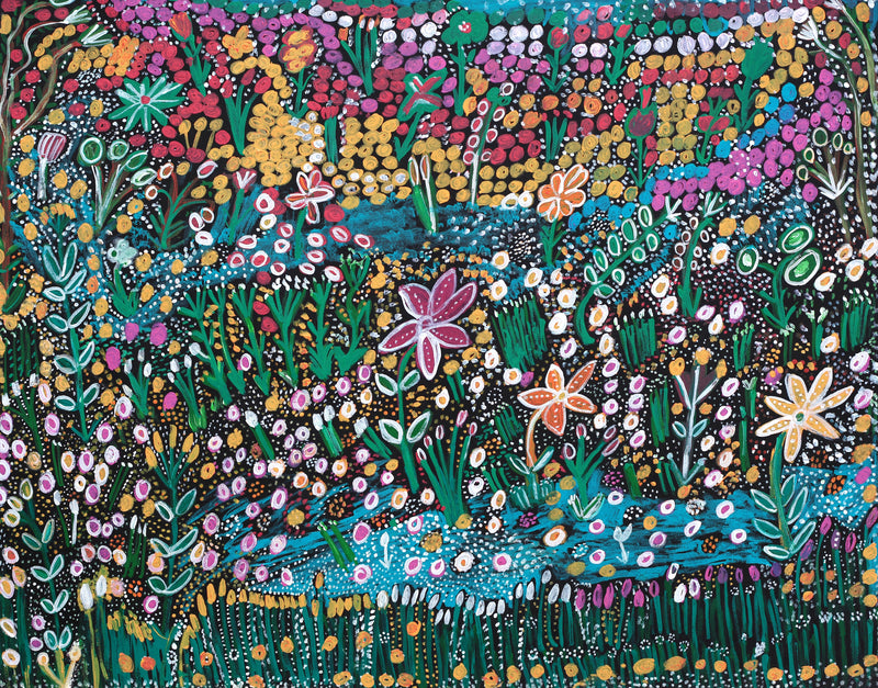 Aboriginal Artwork by Gwenneth Blitner, Long Billabong Flowers, 75x60cm