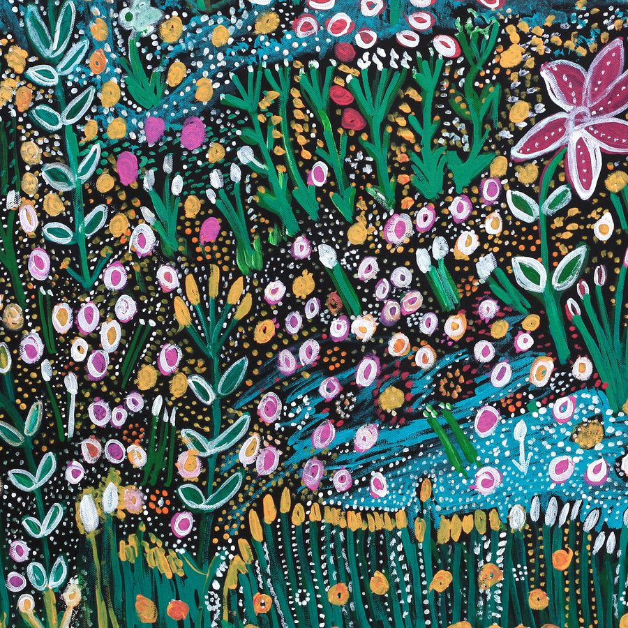 Aboriginal Artwork by Gwenneth Blitner, Long Billabong Flowers, 75x60cm